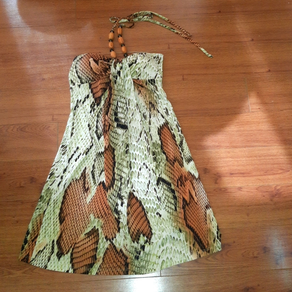 (M)⚘️Suzy Shier Python Snake Print with Wooden Bead Halter Dress Ptp 13-16"×L28"